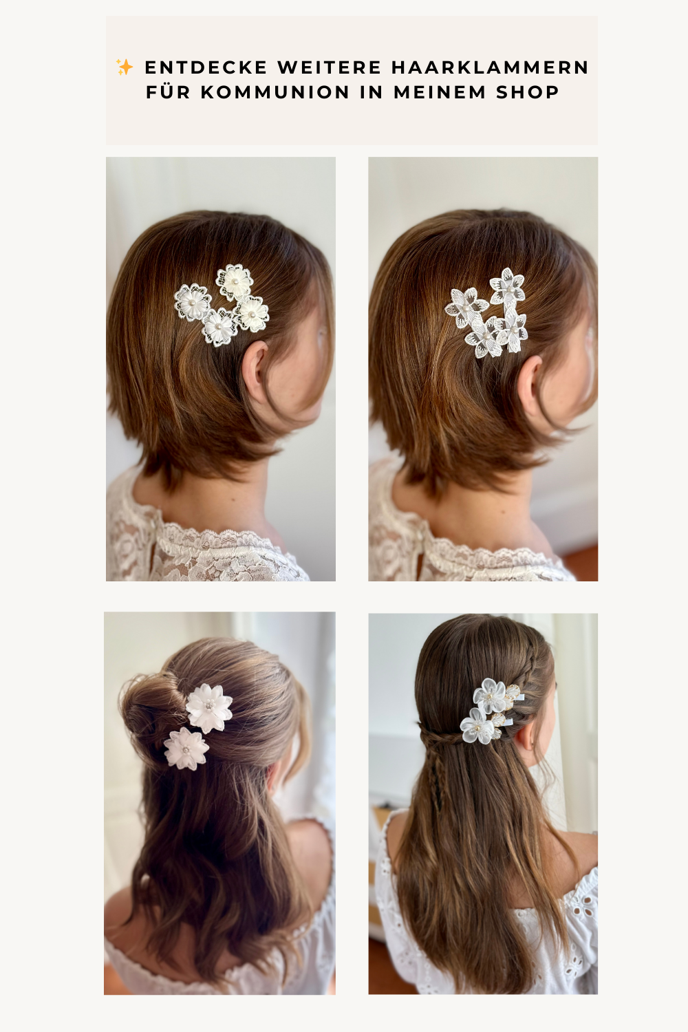Haarklammer mit weißen oder ivoryfarbenen Blüten und Perle ergänzt festliche Kommunionsfrisuren