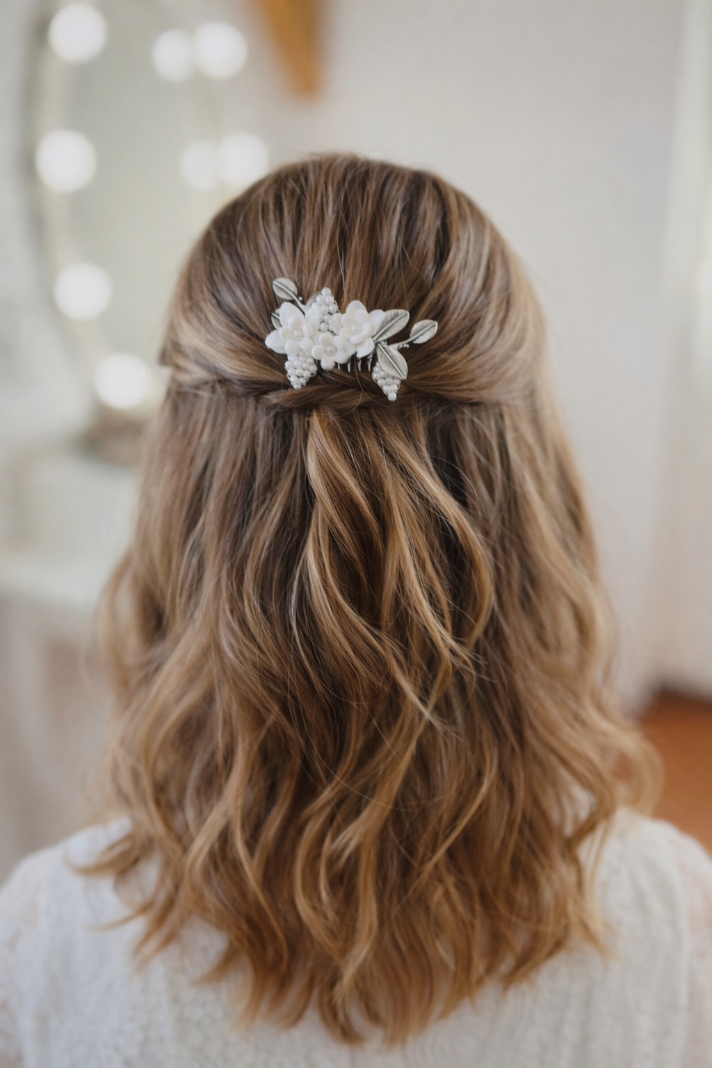 Kommunion Haarschmuck im Haar – weißer Haarkamm mit Perlen und Blumen in silberner Optik, festliche Flechtfrisur für Mädchen