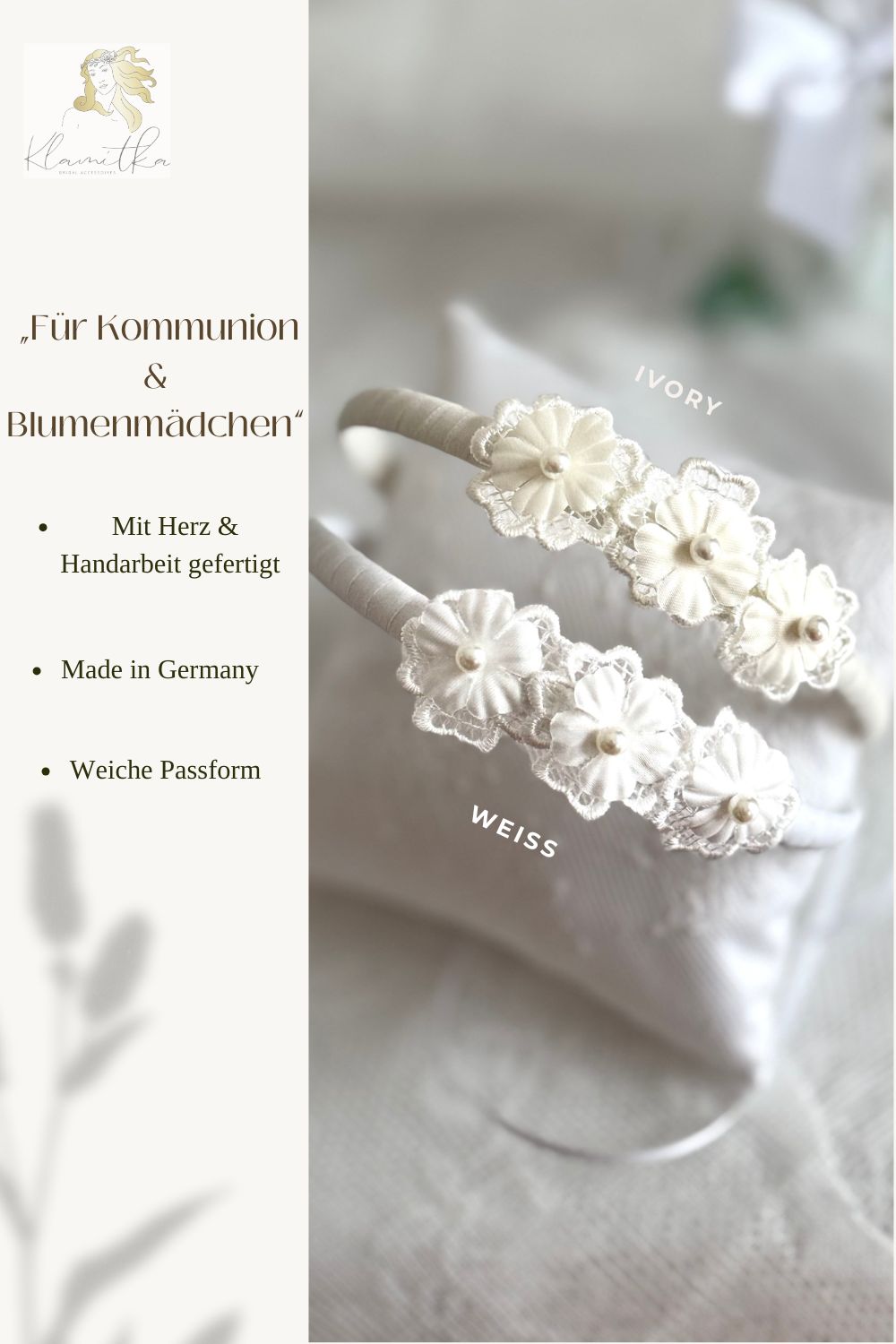 Kommunion Haarreif Blumen – Weiß oder Ivory, Stoffblumen mit Perlen