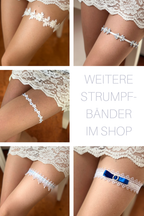 Strumpfband für Braut – Weißes Spitzen-Strumpfband mit hellblauem Band & handgenähten Tropfen