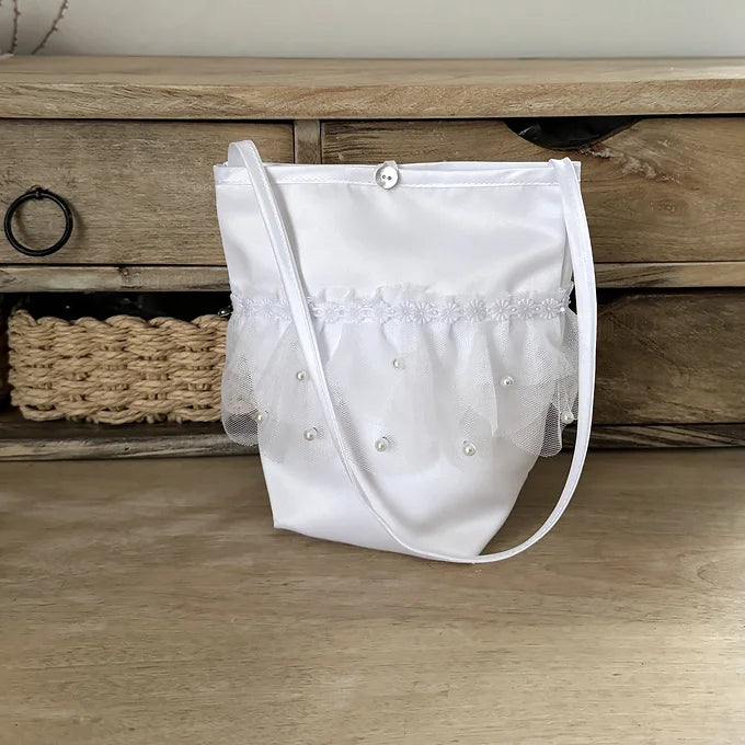 Kommuniontasche weiß, Tasche für Kommunion aus Tüll und Perlen