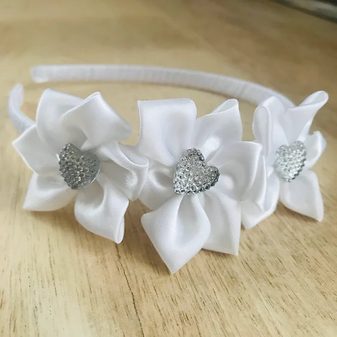 Haarschmuck Kommunion, Haarreif für Kommunion mit Blumen und Strassherz, auch für Blumenmädchen