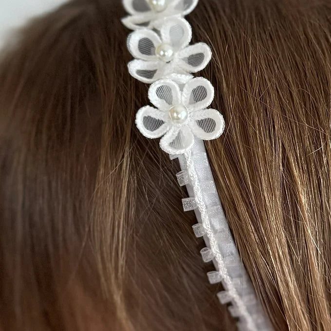 Kommunion Haarschmuck, Haarreif für Kommunion mit zarten Blüten und Spitzenborte in weiß