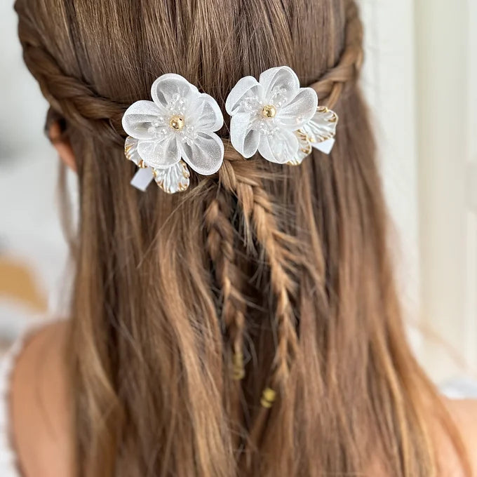 Kommunion Haarschmuck, Haarklammer Kommunion mit weißer Organza Blume, goldenen Elementen