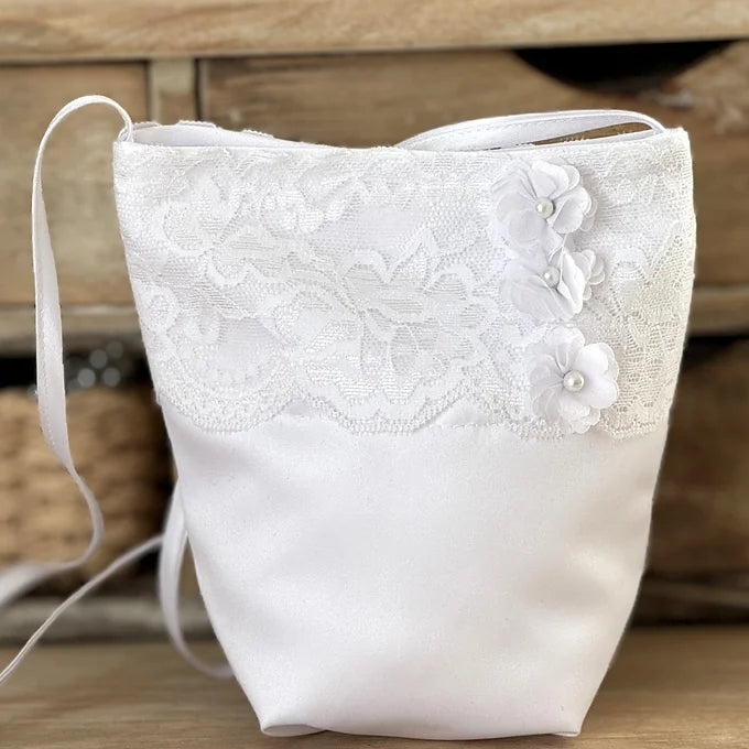 Kommuniontasche weiß mit Spitze, Blumen und Perlen verziert