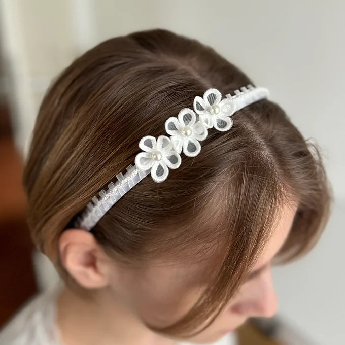 Kommunion Haarschmuck, Haarreif für Kommunion mit zarten Blüten und Spitzenborte in weiß