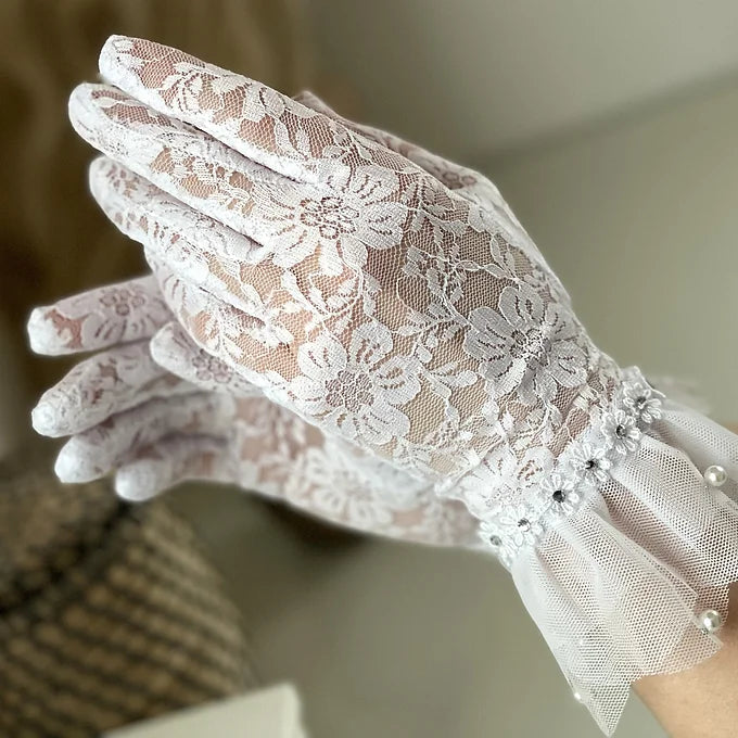 Spitzenhandschuhe, Brauthandschuhe Hochzeit aus Spitze, Tüll und Perlen