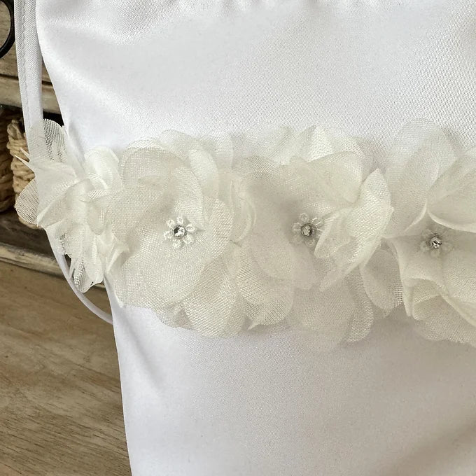 Kommuniontasche weiß, Tasche für Kommunion aus Satin mit Blumen und Strass