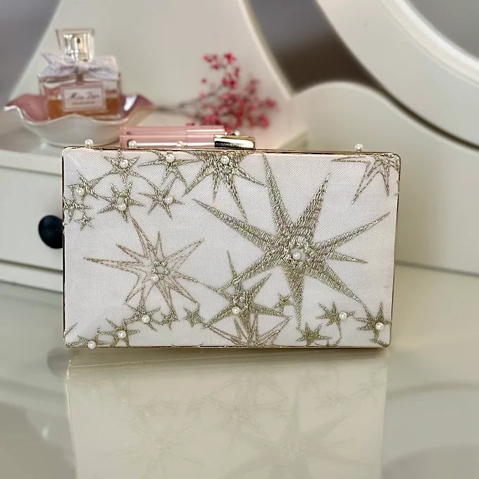 Brauttasche Clutch Ivory Gold Sterne – Abendtasche Hochzeit Perlen – Elegant