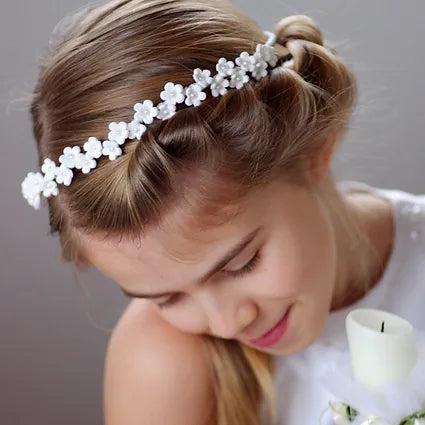 Haarschmuck Kommunion, Haarband mit vielen handgearbeiteten Blumen mit Perle in der Mitte