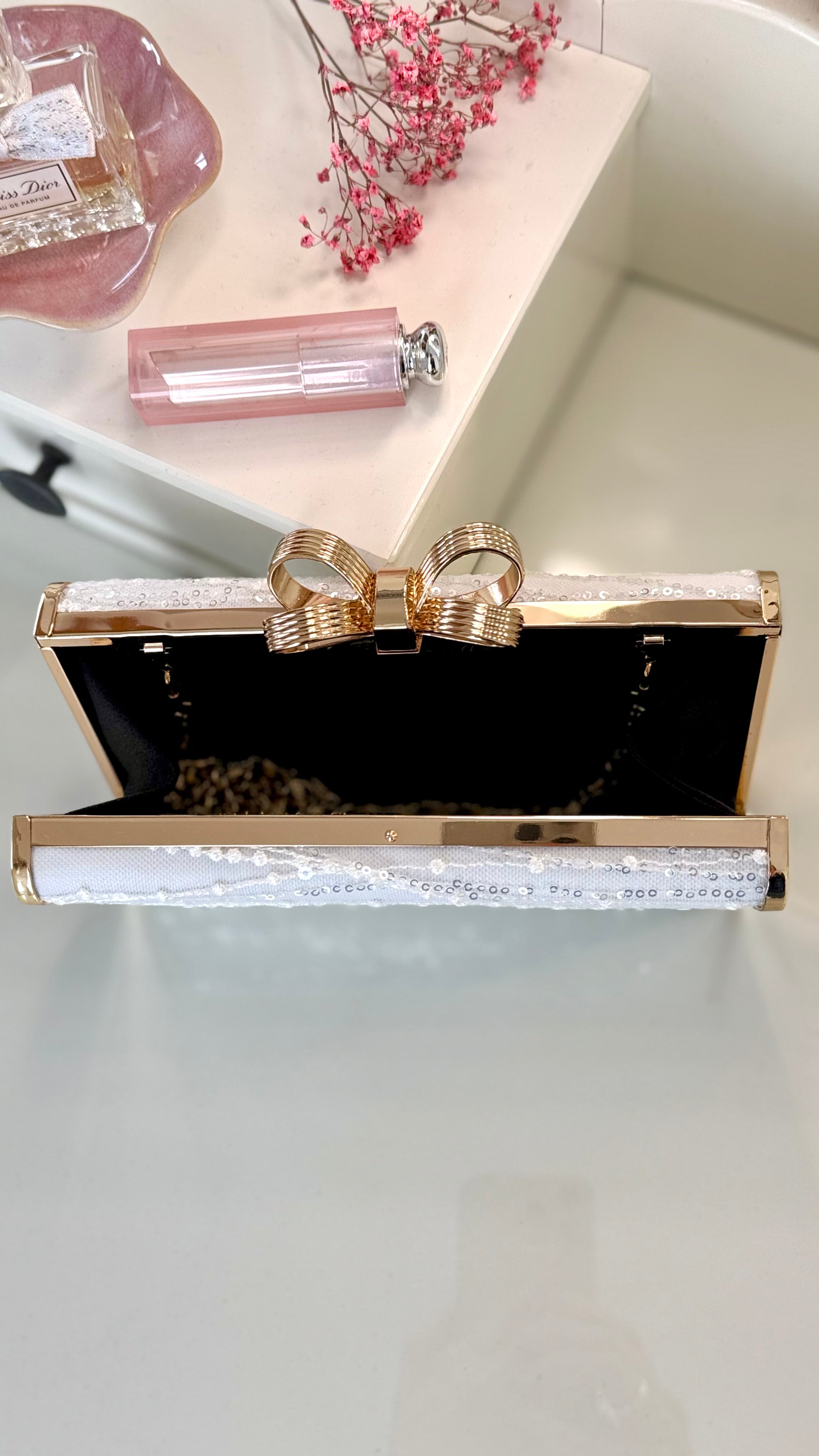 Braut Clutch Spitze Off-White – Elegante Hochzeitstasche mit Kette