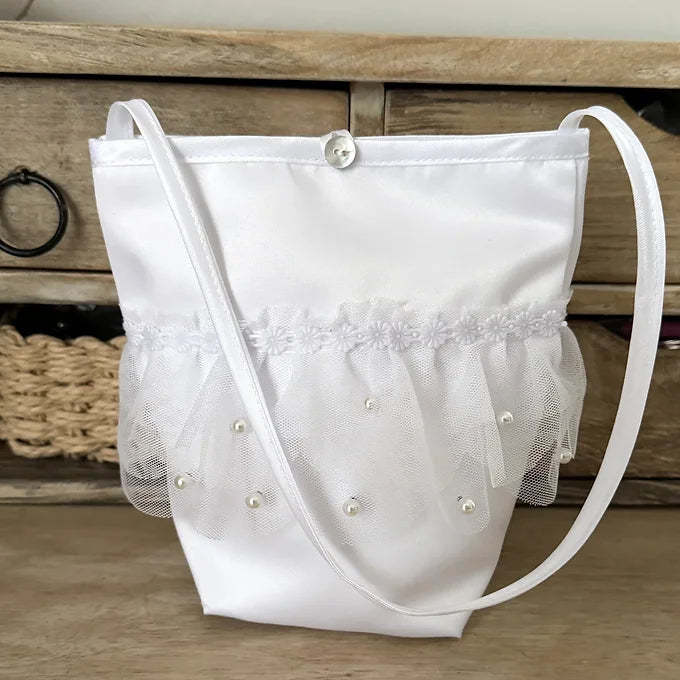 Kommuniontasche weiß, Tasche für Kommunion aus Tüll und Perlen