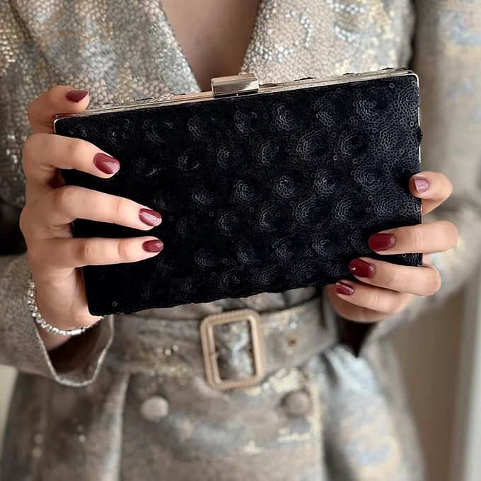 Elegante schwarze Clutch Tasche aus Pailletten Stoff Abendtasche für Damen Gala