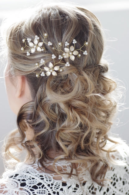 Blumen Haarnadel – 3er-Set Ivory/Weiß mit Perlen