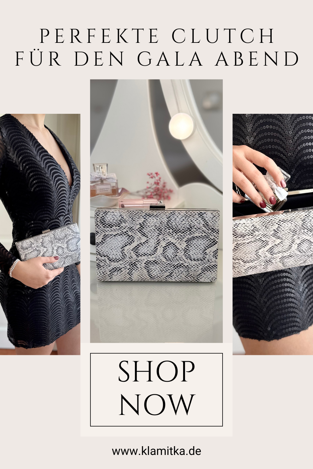 Elegante Abendtasche Snake Print Weiß-Schwarz – Damen Clutch