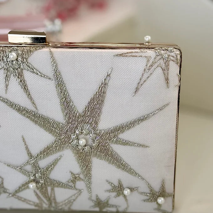 Brauttasche Clutch Ivory Gold Sterne – Abendtasche Hochzeit Perlen – Elegant
