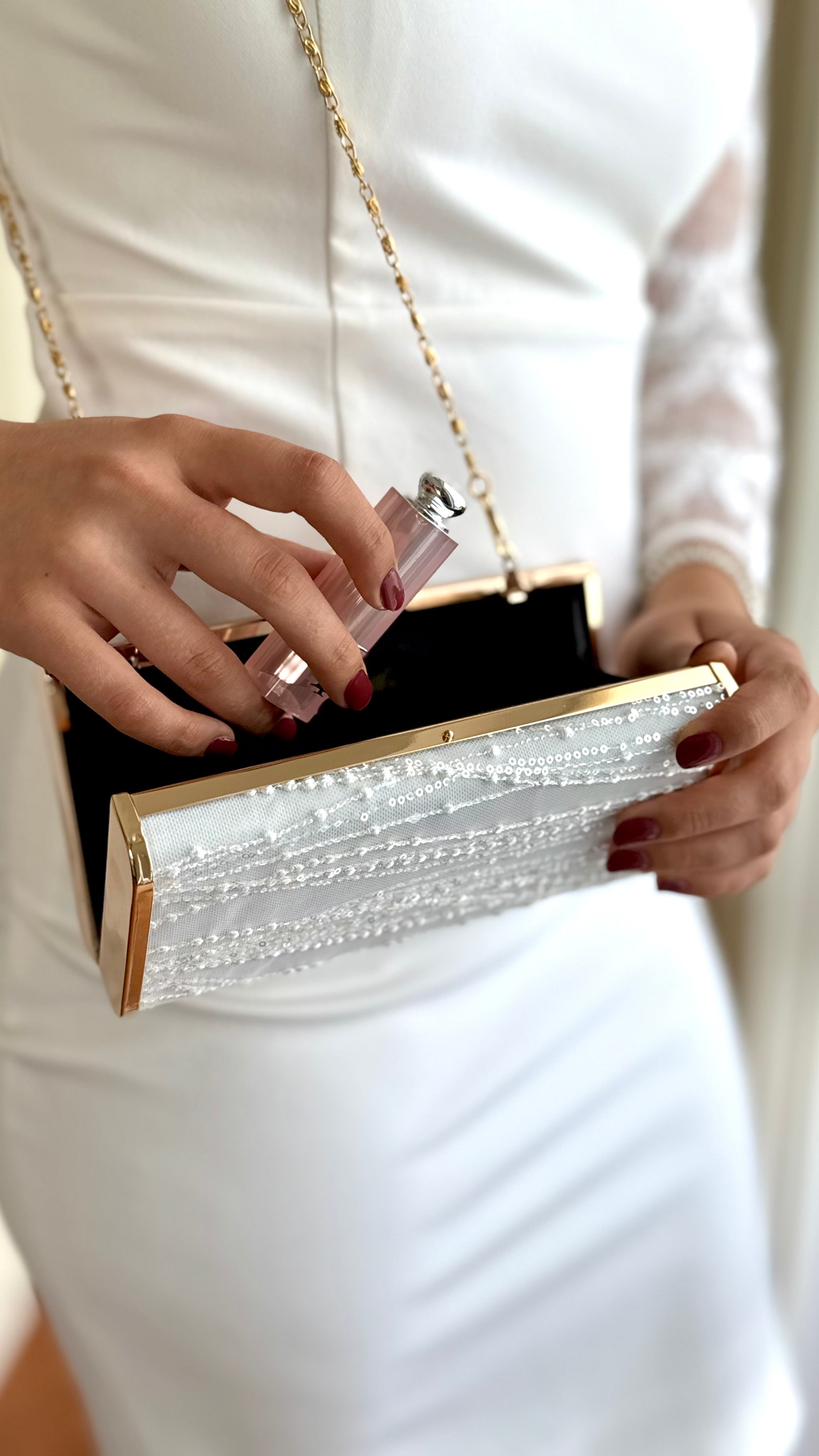 Braut Clutch Spitze Off-White – Elegante Hochzeitstasche mit Kette