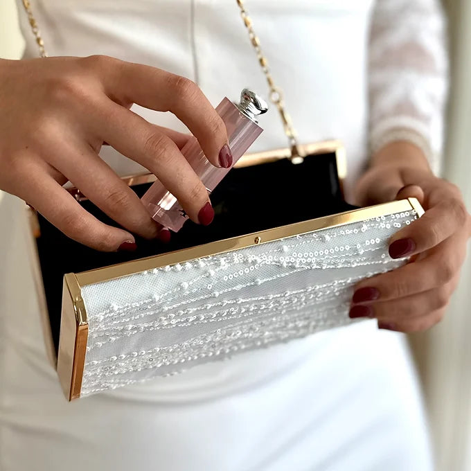 Braut Clutch Spitze Off-White – Hochzeitstasche mit Kette – elegante Brauttasche