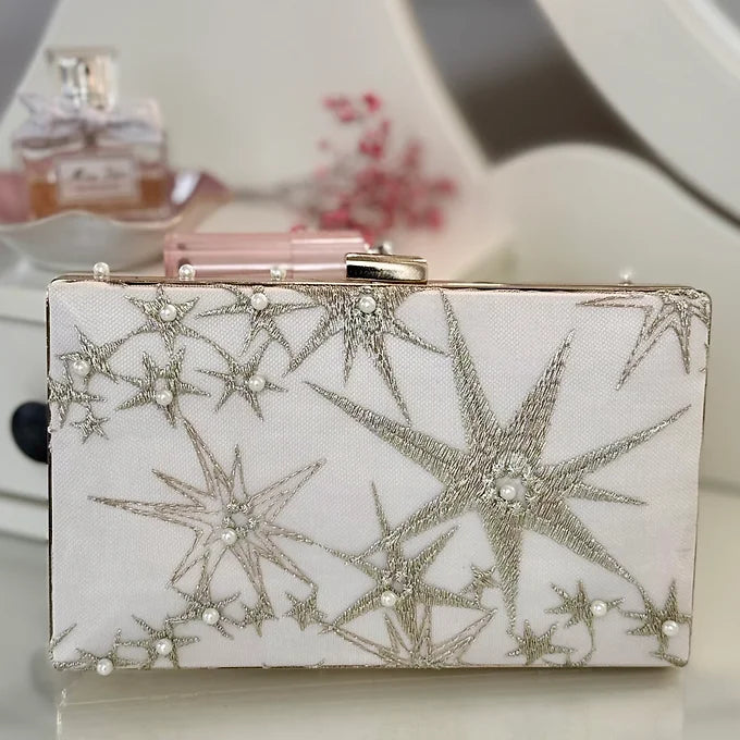 Brauttasche Clutch Ivory Gold Sterne – Abendtasche Hochzeit Perlen – Elegant