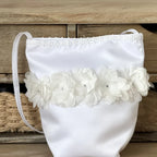 Kommuniontasche weiß, Tasche für Kommunion aus Satin mit Blumen und Strass