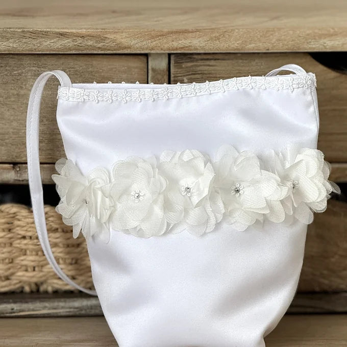 Kommuniontasche weiß, Tasche für Kommunion aus Satin mit Blumen und Strass