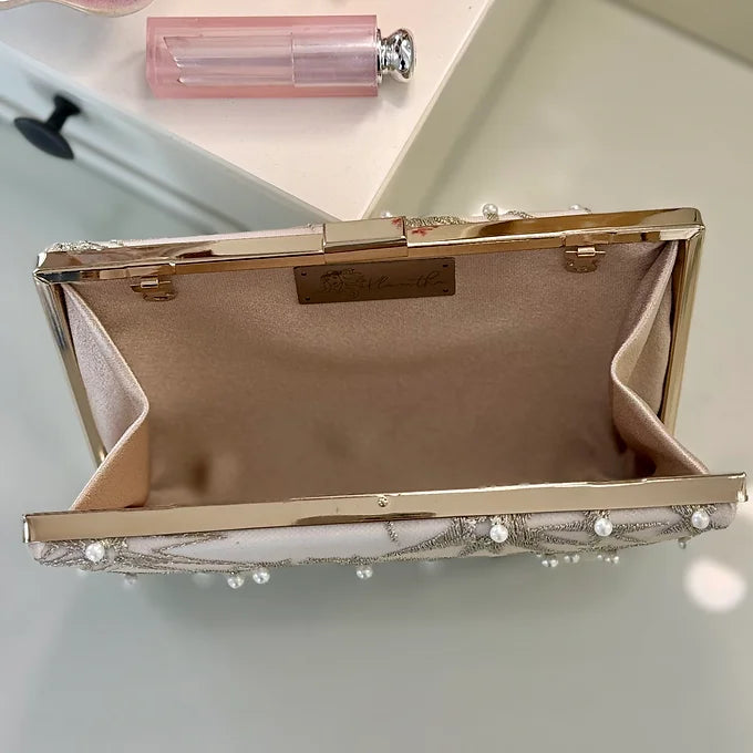 Brauttasche Clutch Ivory Gold Sterne – Abendtasche Hochzeit Perlen – Elegant