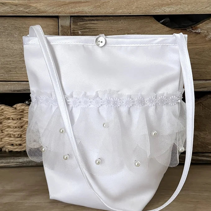 Kommuniontasche weiß, Tasche für Kommunion aus Tüll und Perlen