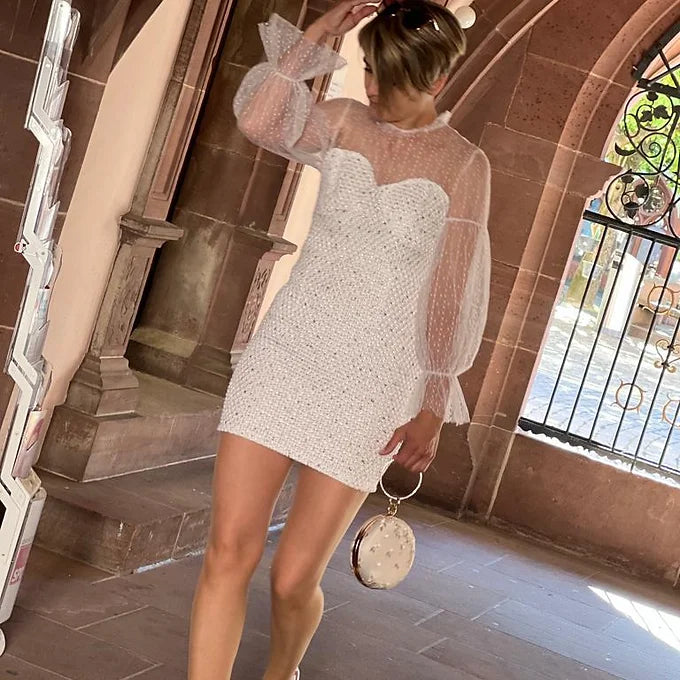 Runde Braut Clutch Off-White – Hochzeitstasche mit Stickerei & Kette –