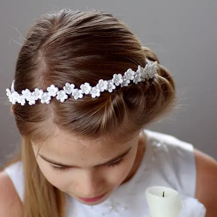 Haarschmuck Kommunion, Haarband mit vielen handgearbeiteten Blumen mit Perle in der Mitte