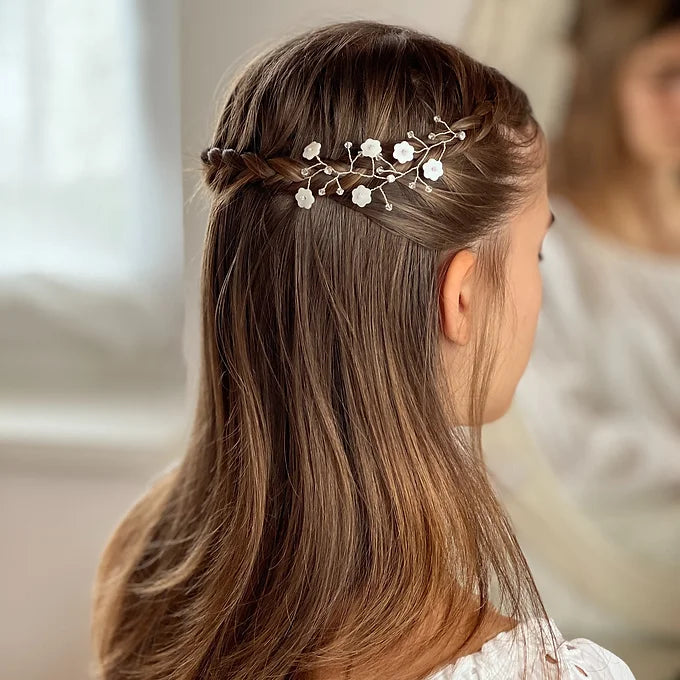 Kommunion Haarschmuck,Haarranke Kommunion, mit weißen  Perlmuttblumen und Swarowskisteinen