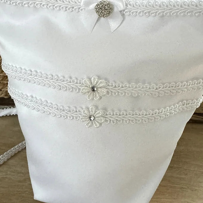 Kommuniontasche weiß mit Schleife, Blumen und Bändern verziert
