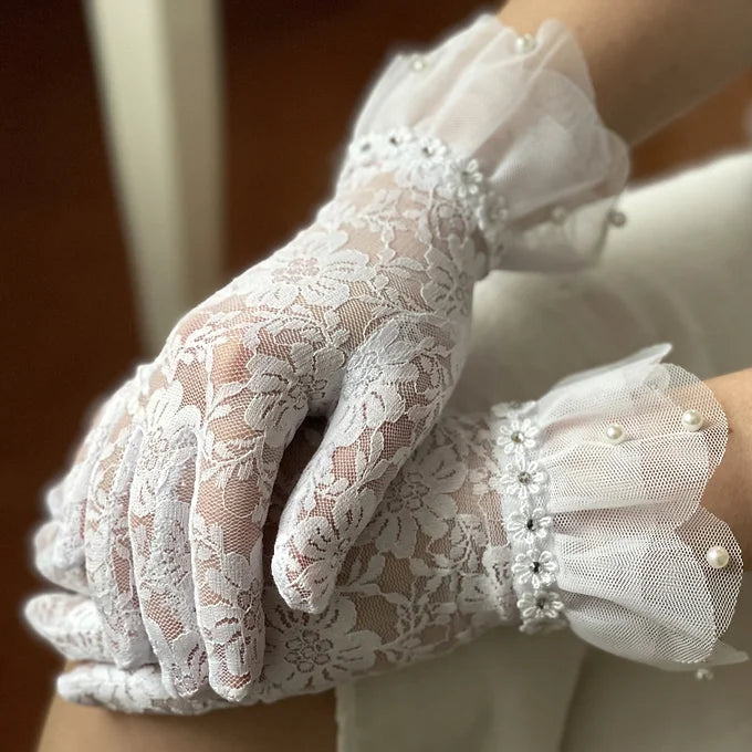 Spitzenhandschuhe, Brauthandschuhe Hochzeit aus Spitze, Tüll und Perlen