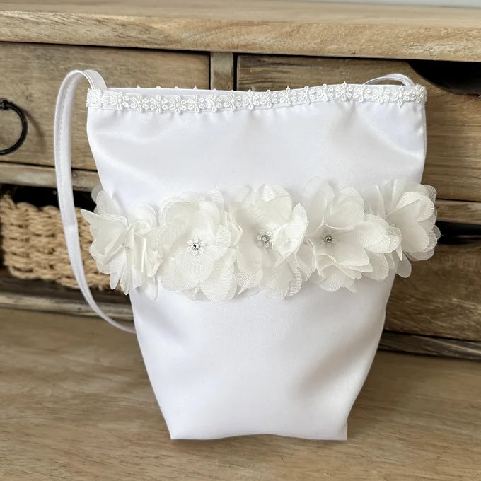Kommuniontasche weiß, Tasche für Kommunion aus Satin mit Blumen und Strass