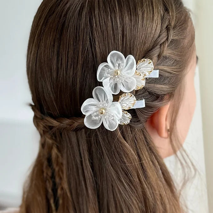 Kommunion Haarschmuck, Haarklammer Kommunion mit weißer Organza Blume, goldenen Elementen