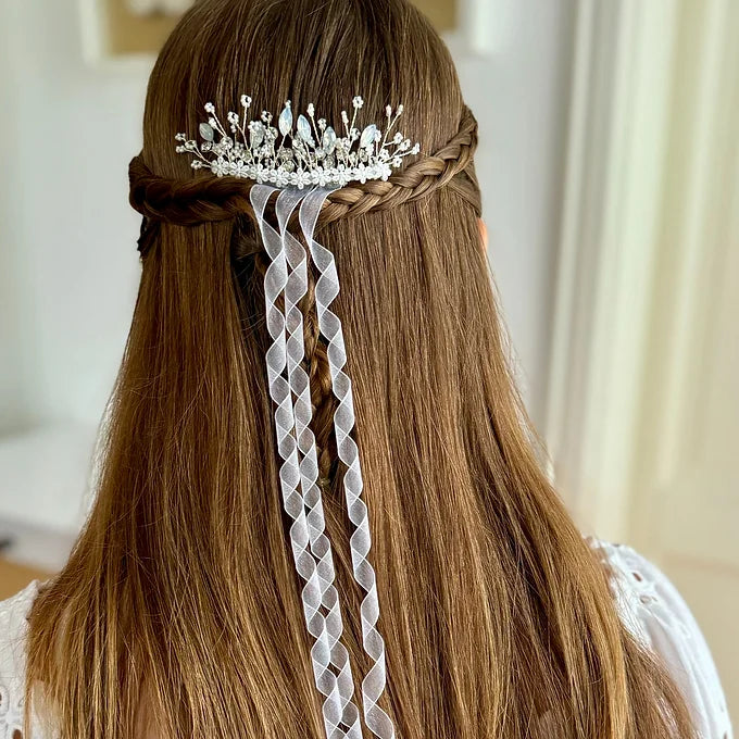Kommunion Haarschmuck mit zarten Spitzenblumen und funkelnden Strasssteinen, Haa