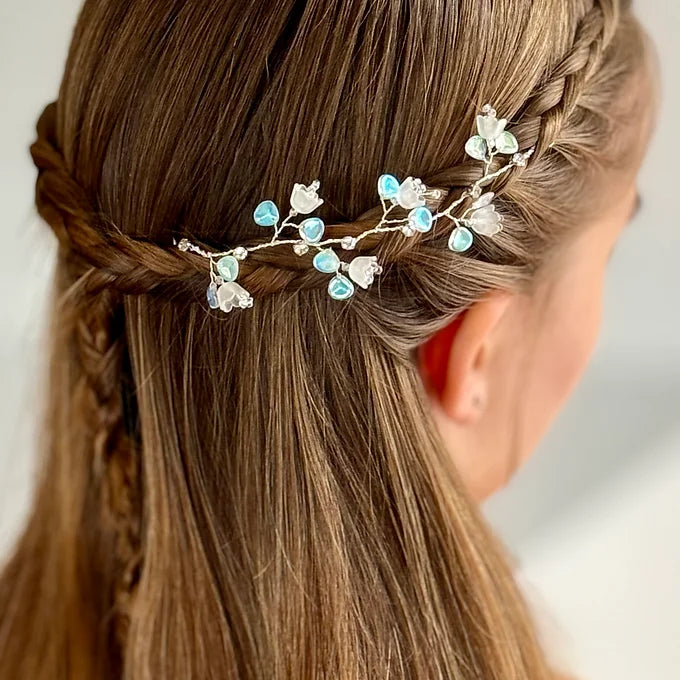 Haarschmuck für Kommunion, Haarranke mit weißen  Perlmuttblumen und Swarowskisteinen