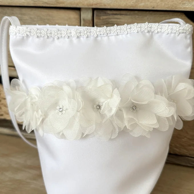 Kommuniontasche weiß, Tasche für Kommunion aus Satin mit Blumen und Strass
