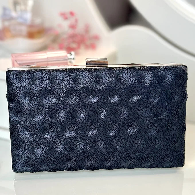 Elegante schwarze Clutch Tasche aus Pailletten Stoff Abendtasche für Damen Gala