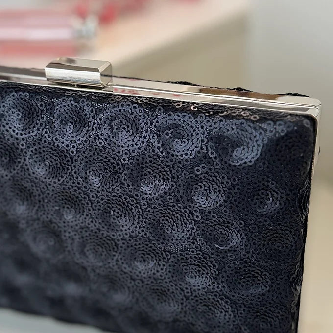 Elegante schwarze Clutch Tasche aus Pailletten Stoff Abendtasche für Damen Gala