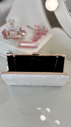 Braut Clutch Gold – Elegante Off-White Hochzeitstasche mit Kette