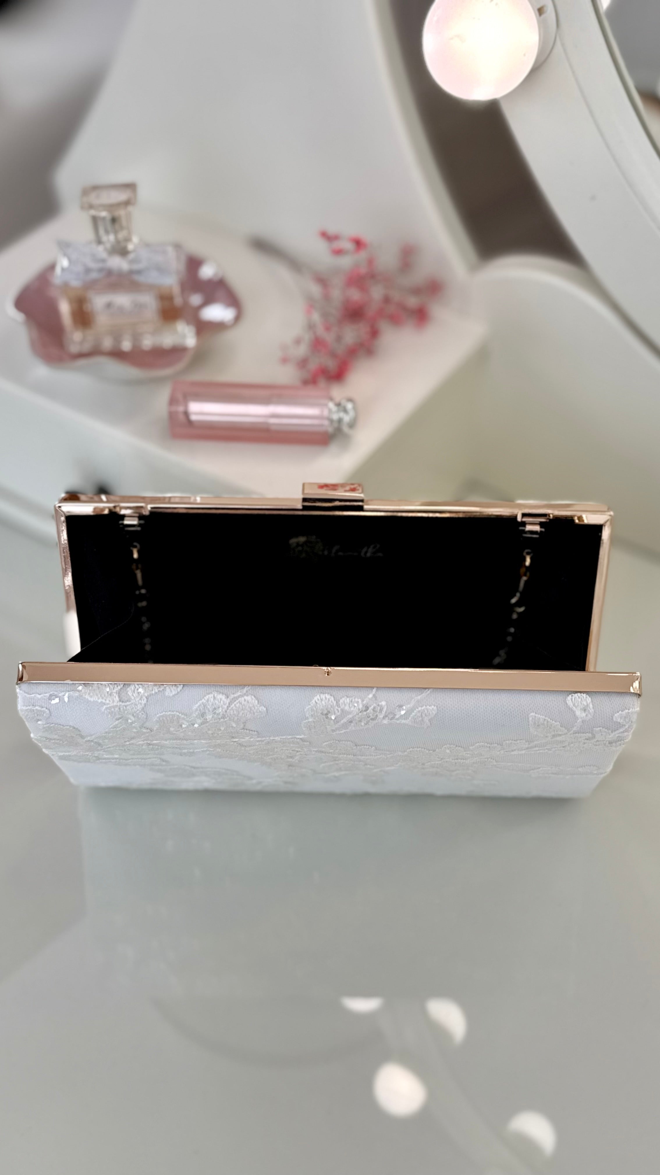 Braut Clutch Gold – Elegante Off-White Hochzeitstasche mit Kette