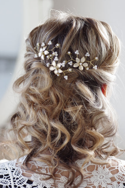 Blumen Haarnadel – 3er-Set Ivory/Weiß mit Perlen