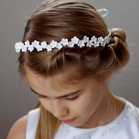 Haarschmuck Kommunion, Haarband mit vielen handgearbeiteten Blumen mit Perle in der Mitte