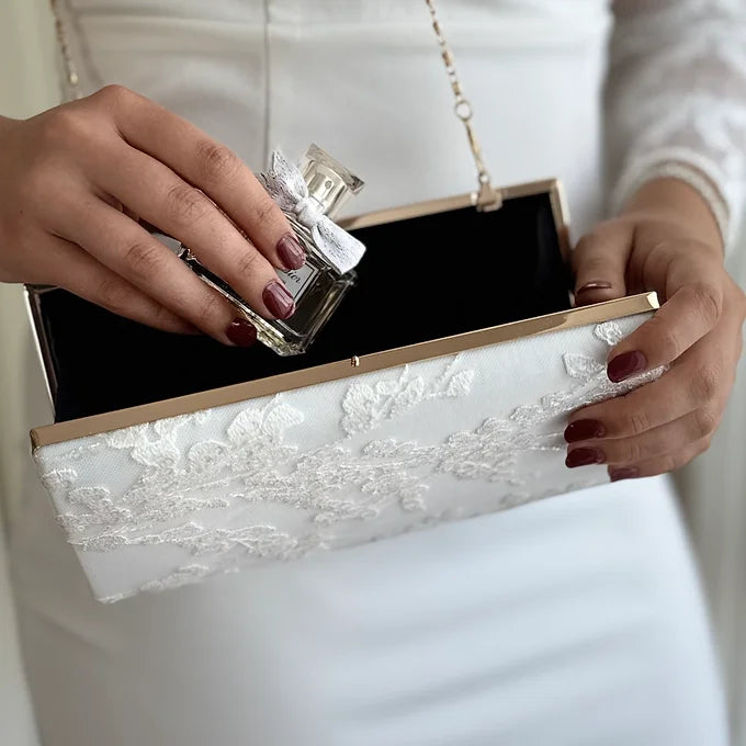 Braut Clutch off white Gold – Hochzeitstasche mit Kette – elegante Brauttasche