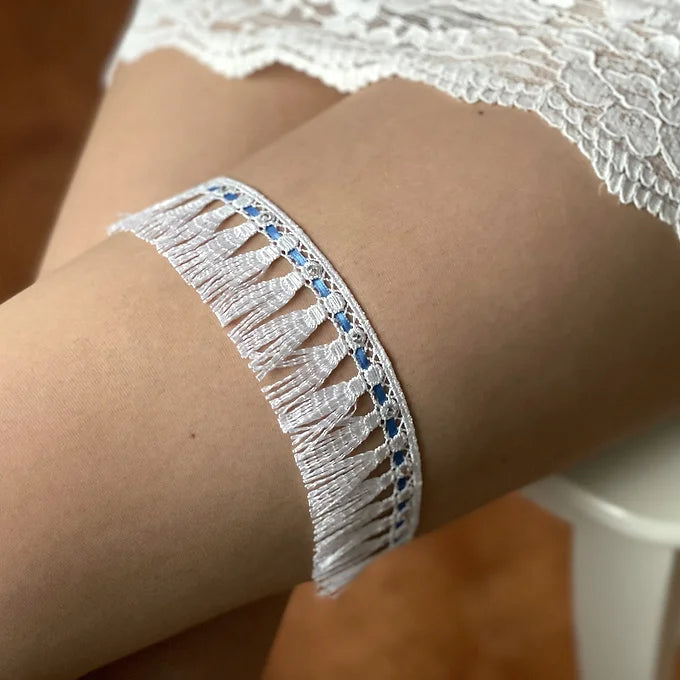 Strumpfband mit weißer Boho Spitze,blauem Band und  Strasssteinen
