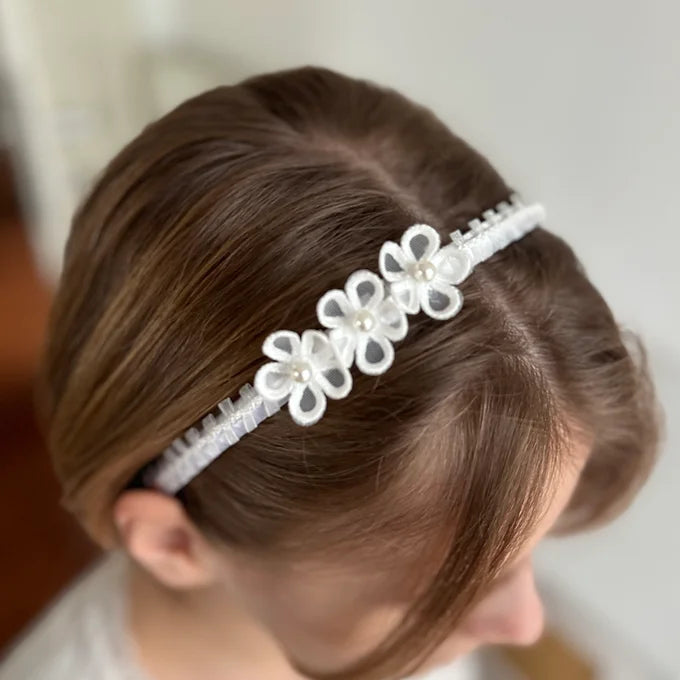 Kommunion Haarschmuck, Haarreif für Kommunion mit zarten Blüten und Spitzenborte in weiß