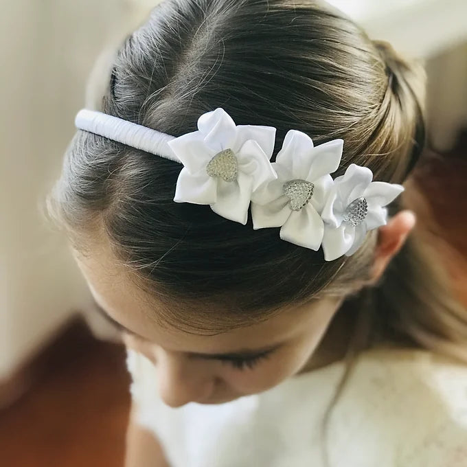 Haarschmuck Kommunion, Haarreif für Kommunion mit Blumen und Strassherz, auch für Blumenmädchen