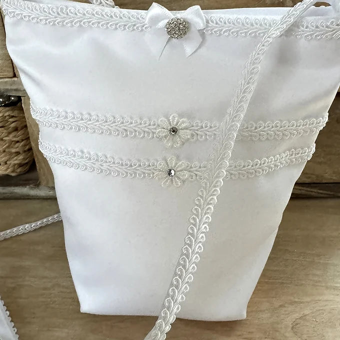 Kommuniontasche weiß mit Schleife, Blumen und Bändern verziert