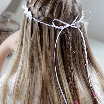Haarschmuck Kommunion, Haarkranz Kommunion mit drei Blumen seitlich und Perlen ums Band