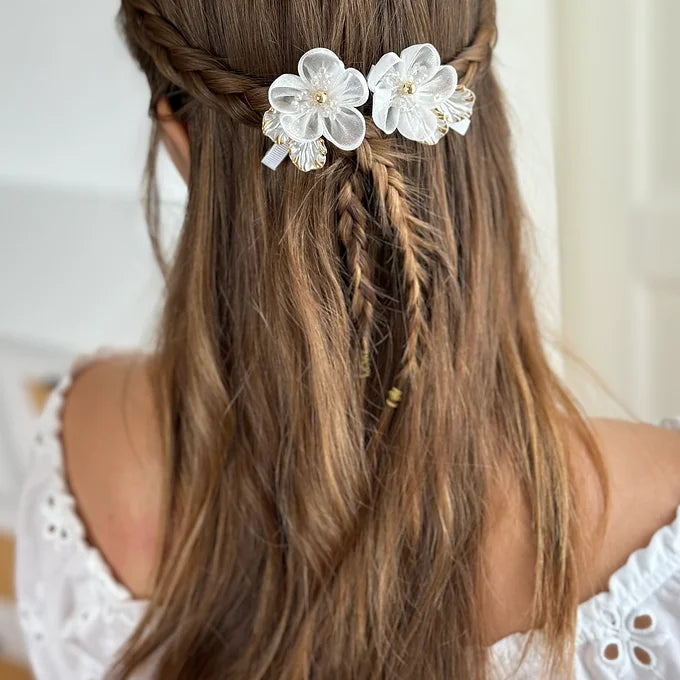 Kommunion Haarschmuck, Haarklammer Kommunion mit weißer Organza Blume, goldenen Elementen